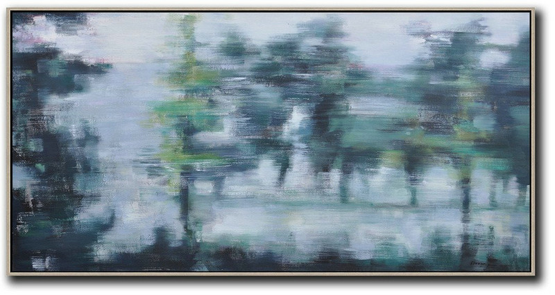 Large Abstract Painting On Canvas,Panoramic Abstract Landscape Painting,Oversized Canvas Art,Grey,Dark Green,Black.etc